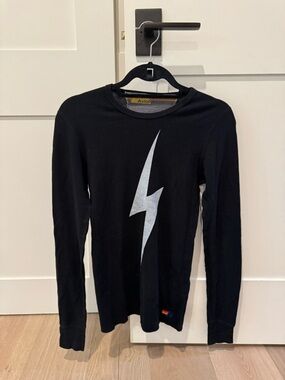 Aviator Nation Black Long Sleeve Lightning Bolt Waffle Shirt